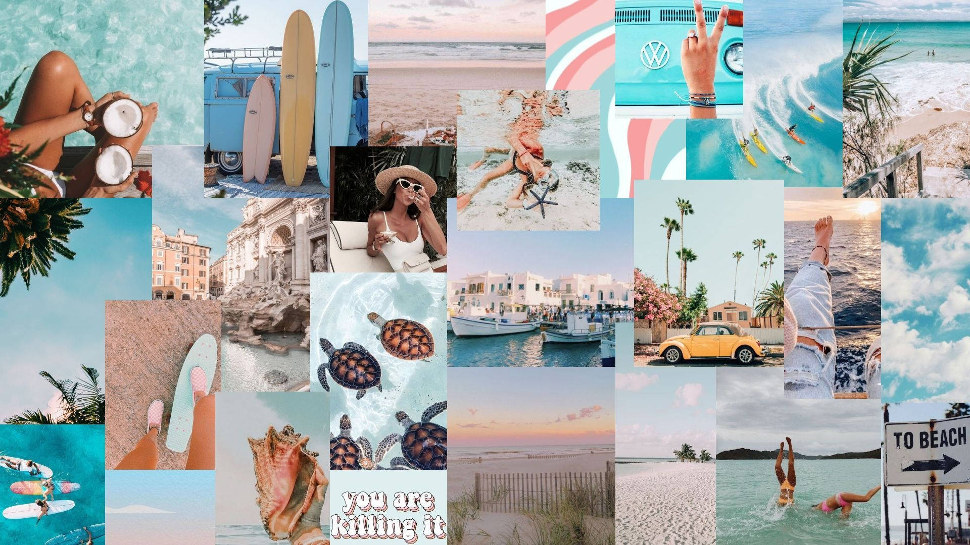 Collage, Surfbretter, Schildkröte, Palmen, Strand, To Beach, 1920x1080, Desktop-Hintergrund