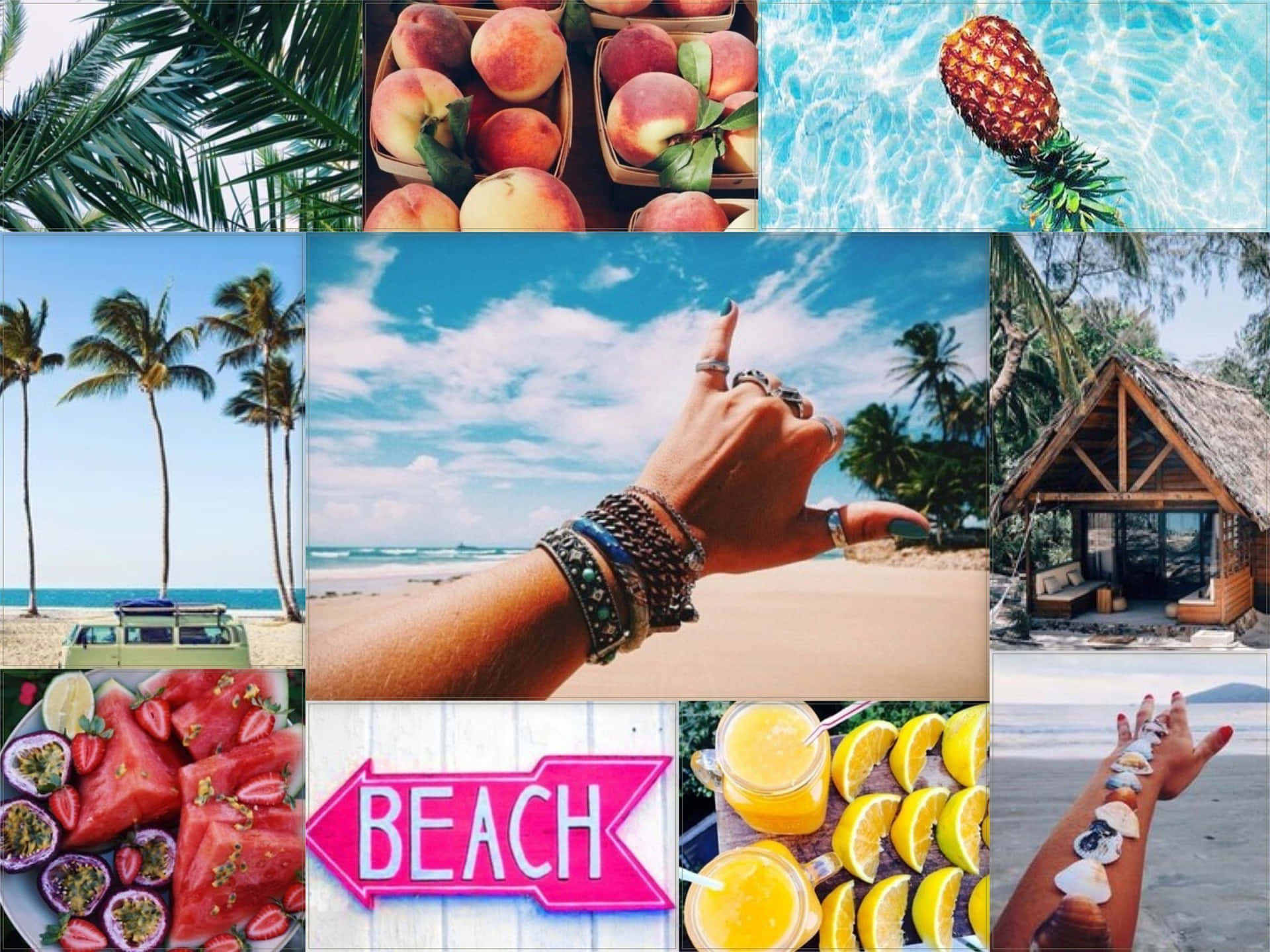 Collage, Beach, Pfirsiche, Ananas, Palmen, Zitronen, Full HD, Hintergrundbild fürs Tablet
