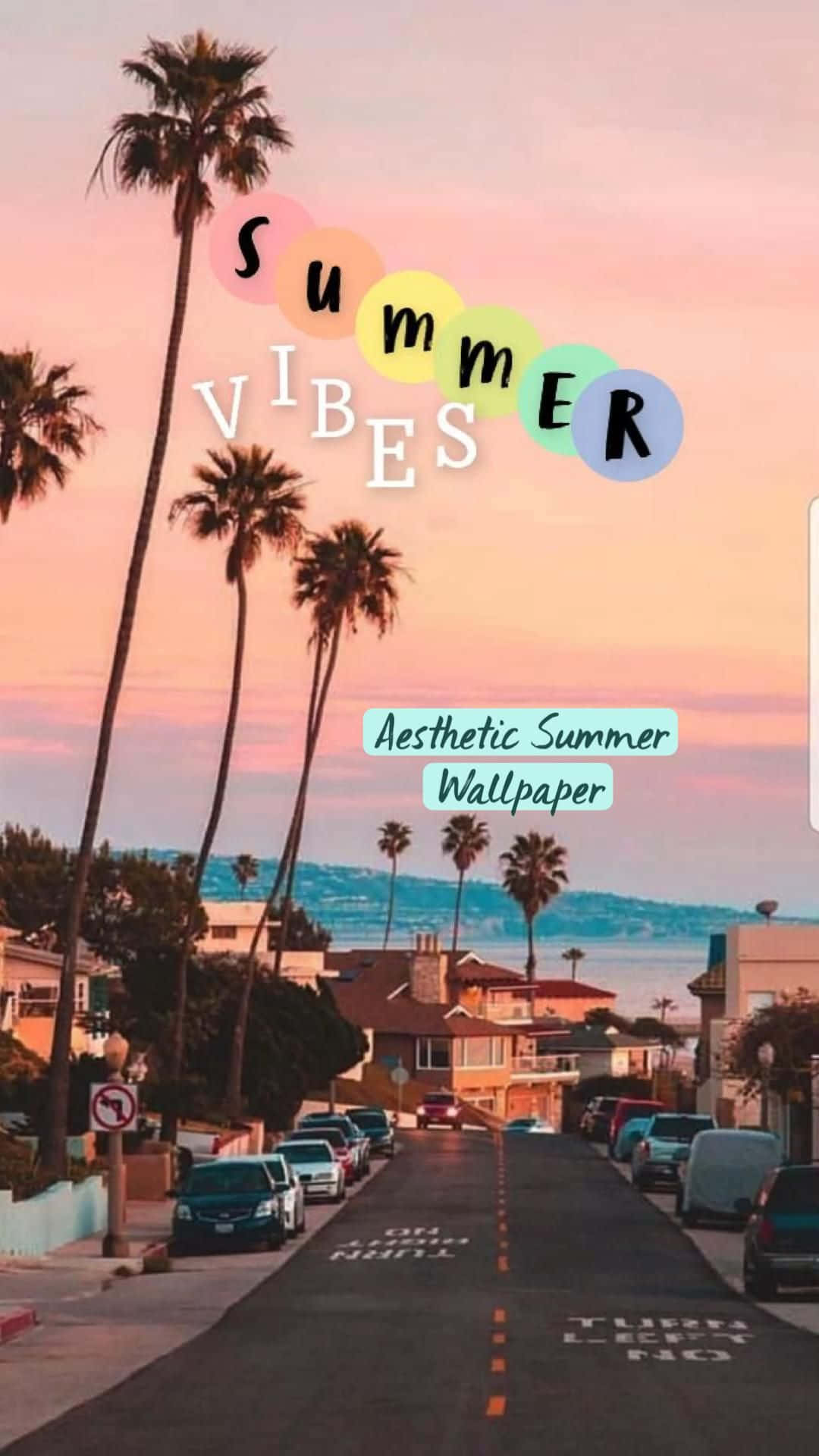 Summer Vibes, Palmen, Straße, Sonnenuntergang, Typografie, Hintergrundbild fürs Handy