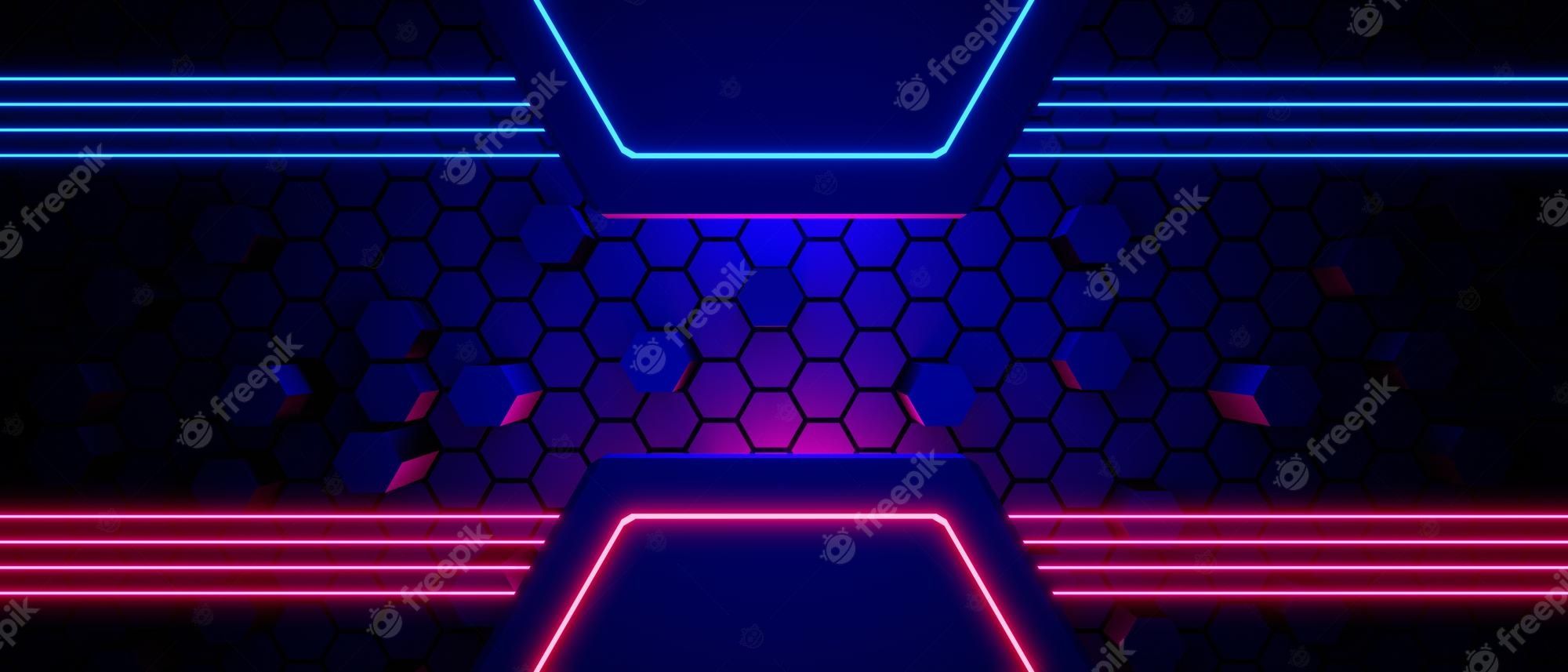 Neonrahmen, Wabenmuster, Blau, Pink, 21:9, Full-HD-Hintergrundbild für den Desktop