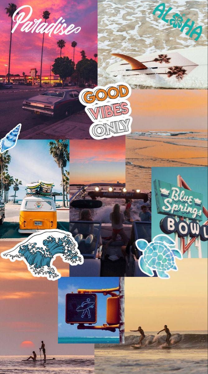 Collage, Paradise, Sticker, Sonnenuntergang, Vintage, Hintergrundbild für iPhone und Android