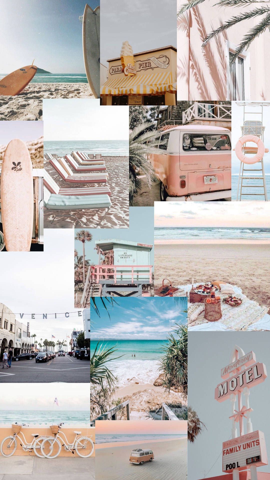 Collage, Pastellfarben, Strand, Retro, Rosa, Full HD, Handy-Hintergrund im Hochformat