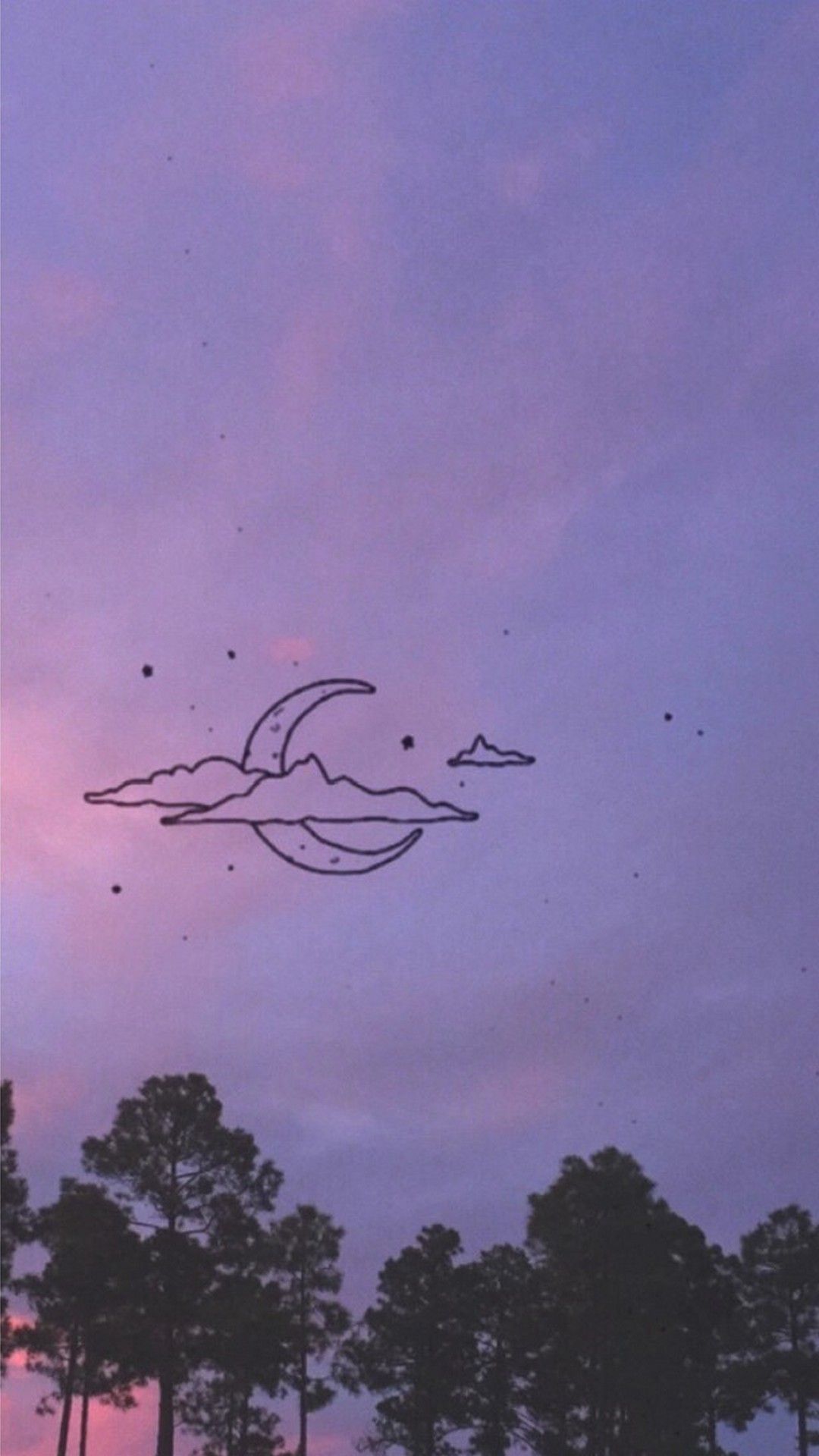 Mondsichel, Linienzeichnung, Lila Himmel, Bäume, Full HD, Hintergrundbild fürs Handy