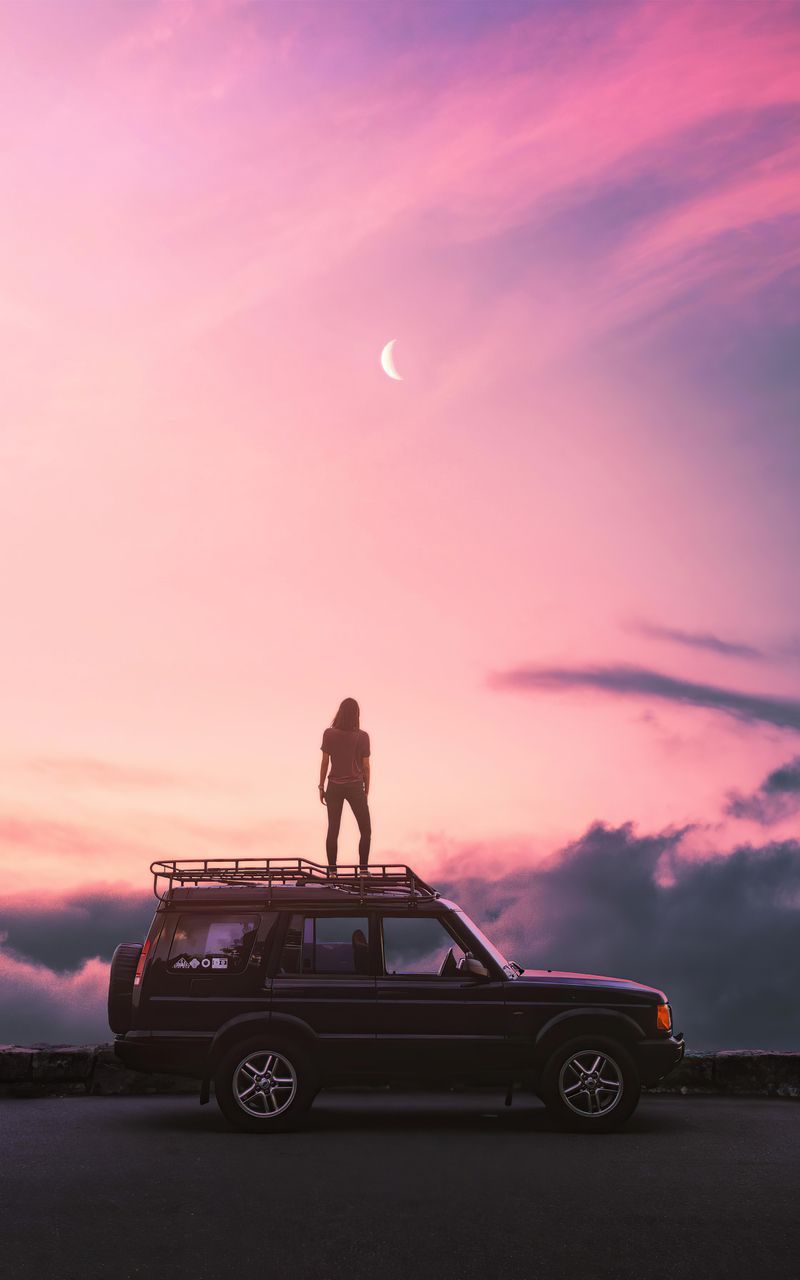 Geländewagen, Silhouette, Mensch, Rosa Himmel, Mondsichel, Dämmerung, HD, Handy-Hintergrund