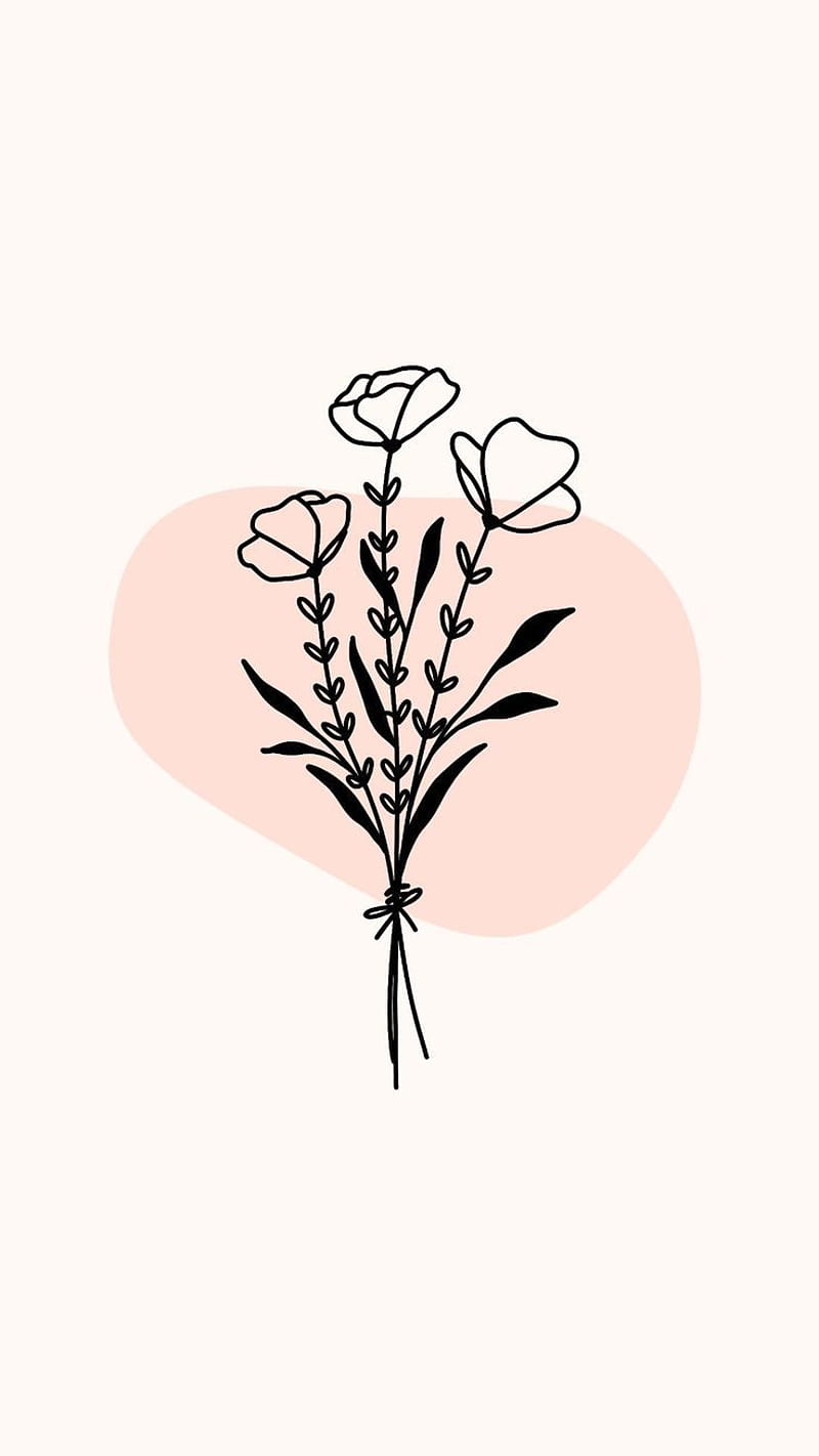 Blumenstrauß, Linienkunst, Rosa Fleck, Minimalistisch, Hintergrundbild für iPhone und Android