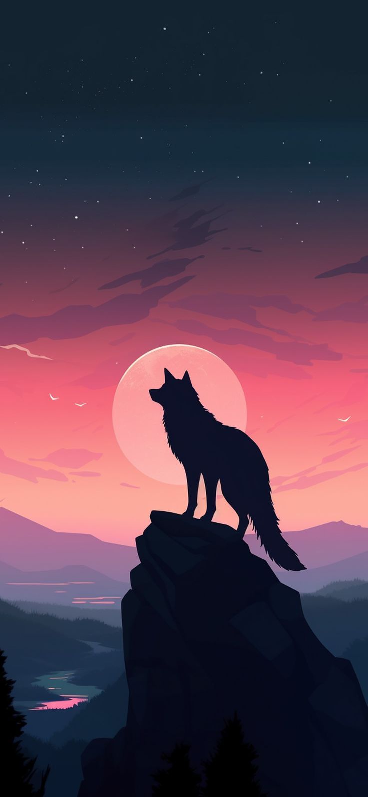 Wolf, Silhouette, Felsen, Mond, Sonnenuntergang, Rosa Himmel, Hintergrundbild fürs Handy
