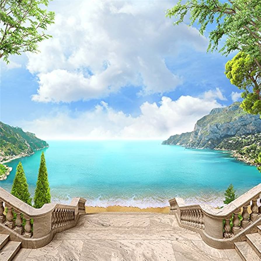 Balkon, Meerblick, Bucht, Türkisfarbenes Wasser, Wolken, Säulen, Hintergrundbild fürs iPad