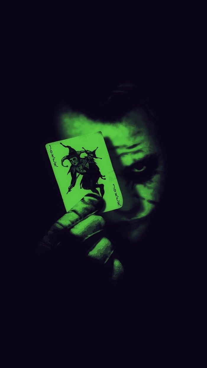 Joker, Spielkarte, Grünes Leuchten, Minimalistisch, Dunkelblau, Hintergrundbild fürs Handy