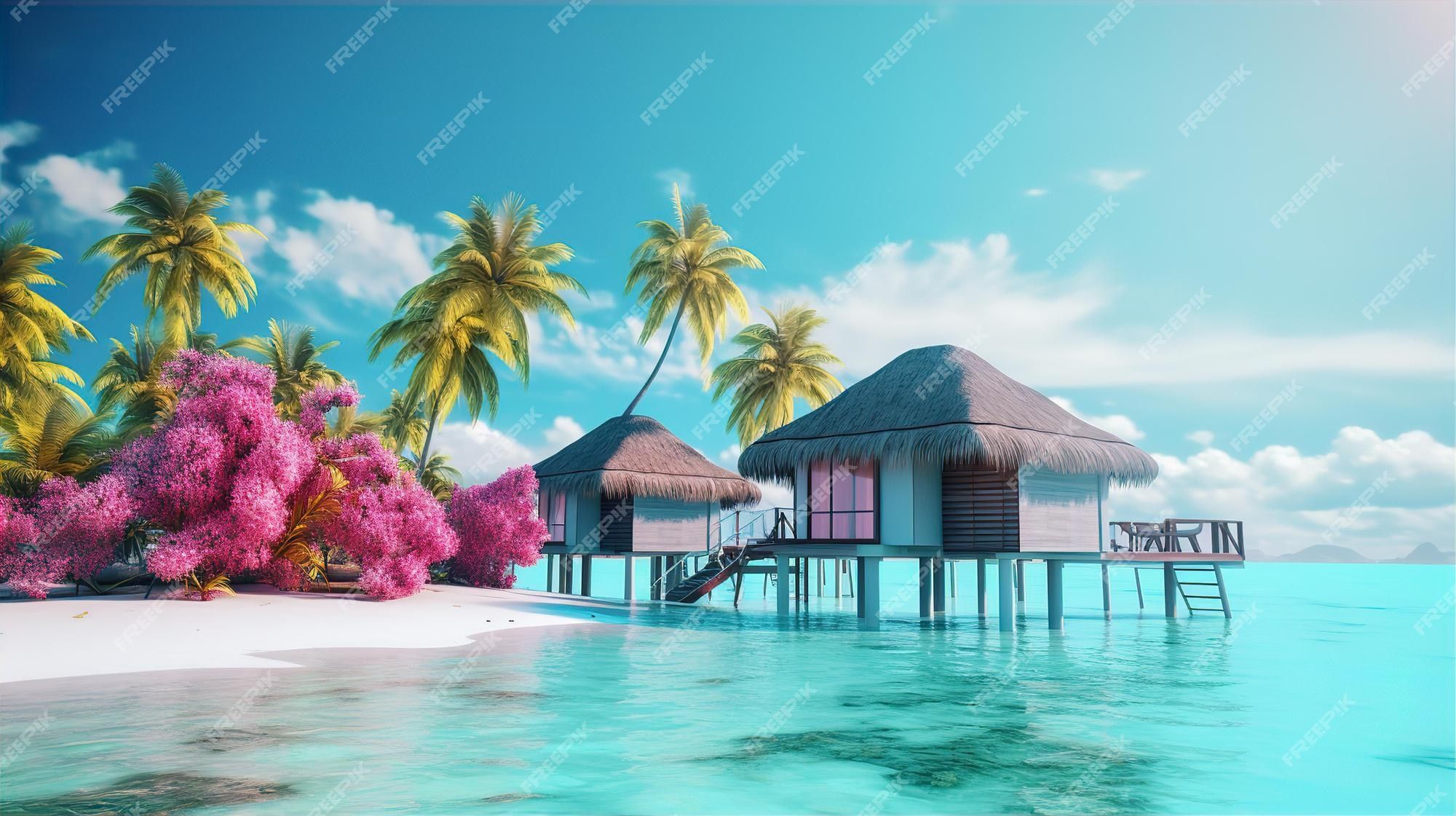 Pfahlbauten, Strandhütten, Bougainvillea, Palmen, Türkises Wasser, Digitale Kunst, Full-HD-Hintergrundbild
