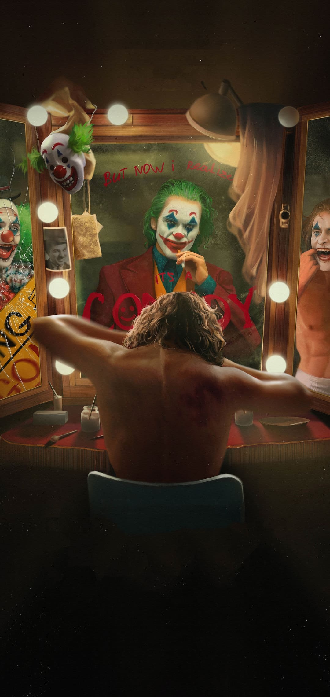 Joker, Joaquin Phoenix, Spiegel, Garderobe, Schminken, Hintergrundbild für iPhone und Android