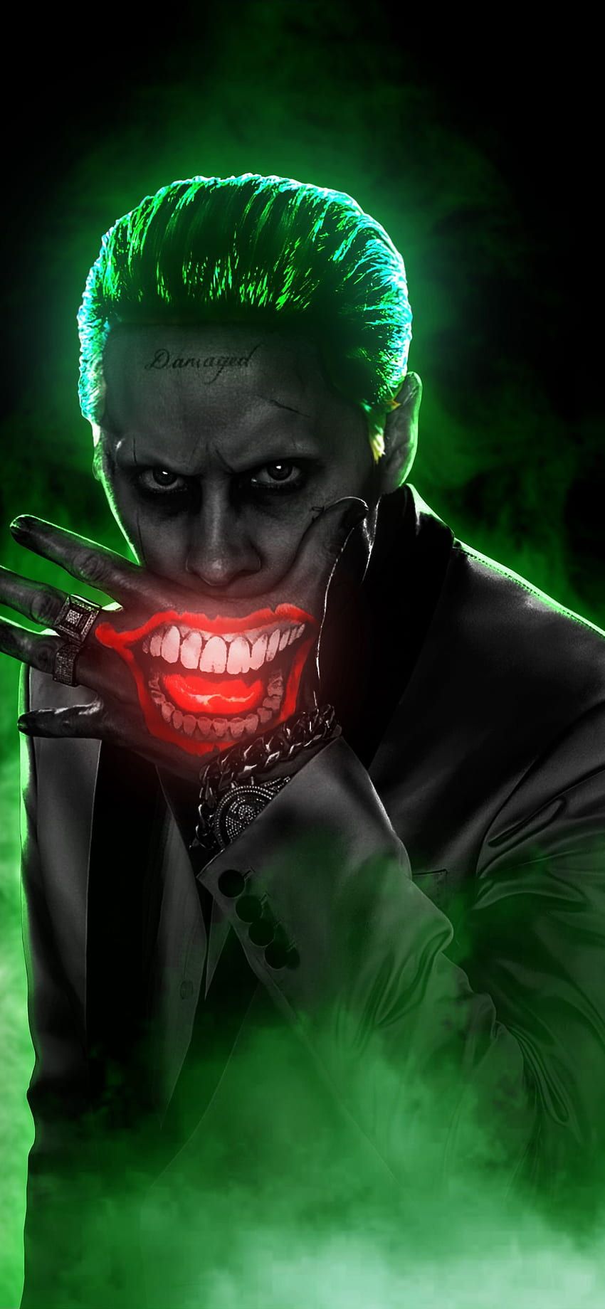Joker, Jared Leto, Suicide Squad, Grünes Leuchten, Tattoo-Grinsen, Dunkel, HD, Handy-Hintergrund