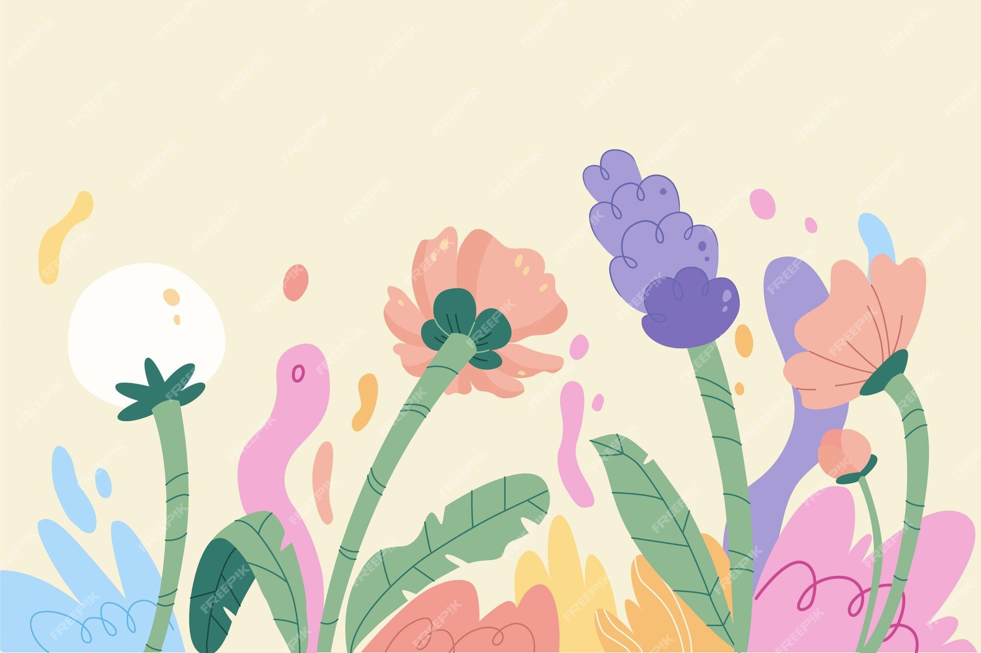 Illustrierte Blumen, Lavendel, Pastellfarben, Flache Illustration, Cremefarben, Full-HD-Hintergrundbild