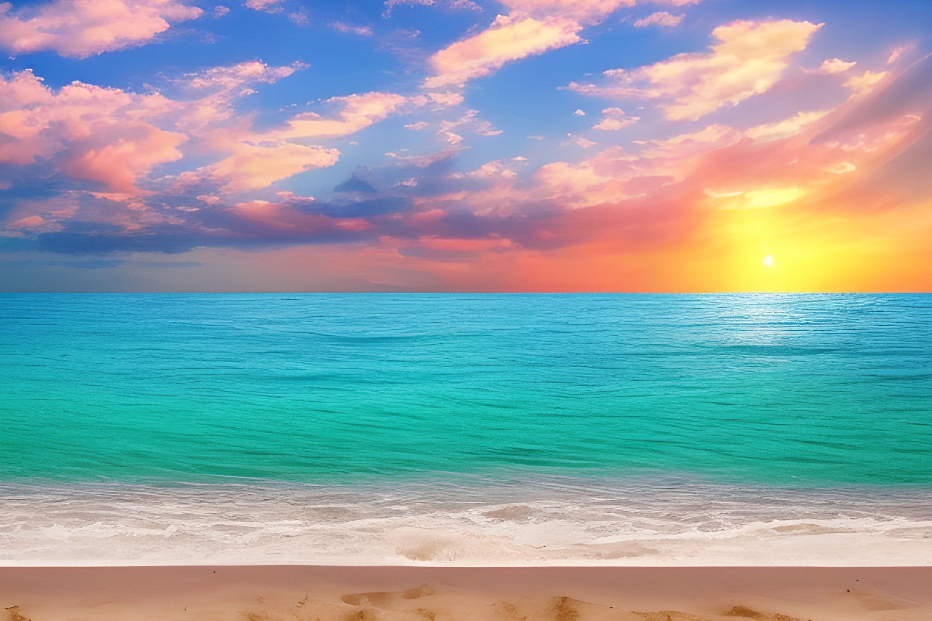 Sonnenuntergang, Türkises Meer, Bunte Wolken, Strand, Horizont, 2K-Hintergrundbild für PC