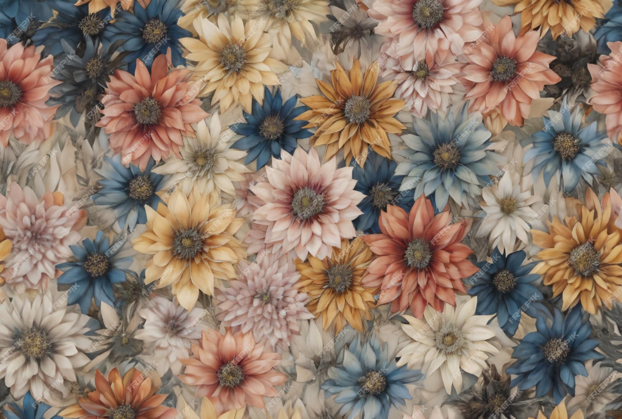 Gänseblümchen, Blumenteppich, Vintage-Malerei, Blau und Orange, Full HD, Laptop-Hintergrundbild
