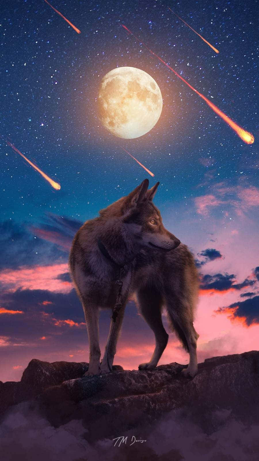 Wolf, Vollmond, Sternschnuppen, Felsen, Digitale Kunst, HD, Handy-Hintergrund im Hochformat