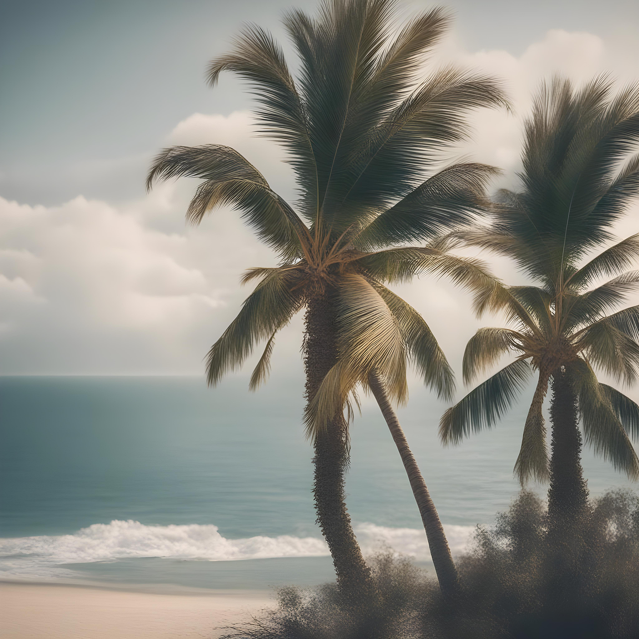 Palmen, Strand, Meer, Wolken, Retro-Look, HD, Hintergrundbild fürs Tablet