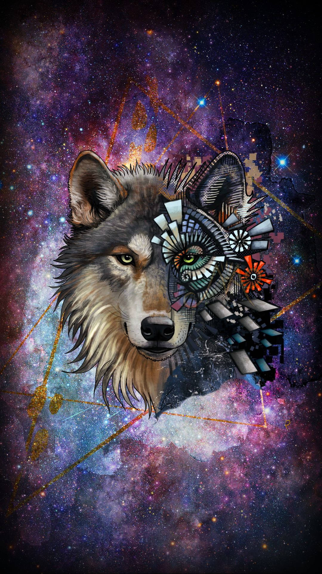 Wolf, Steampunk, Galaxie, Fantasy, Bunt, Hintergrundbild für iPhone und Android