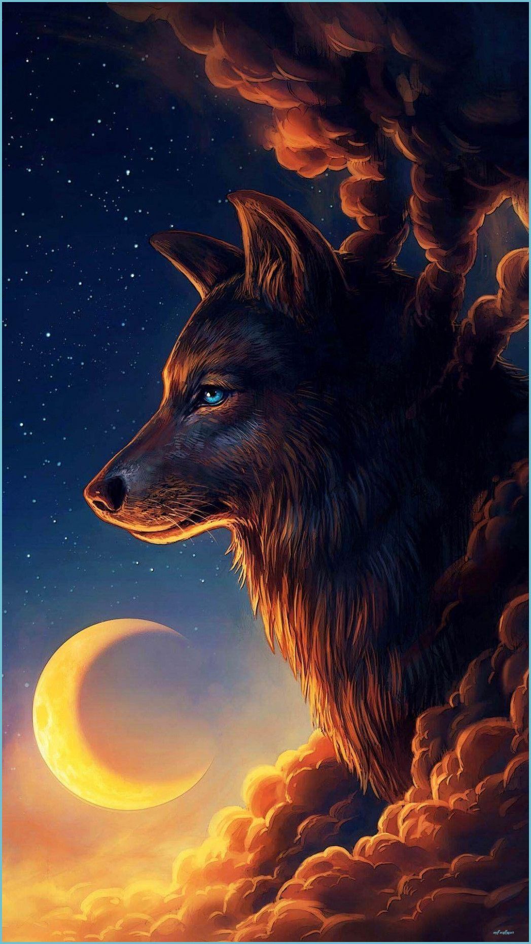 Wolf, Mondsichel, Wolken, Fantasy, Orange und Blau, Hochformat, Hintergrundbild fürs Smartphone