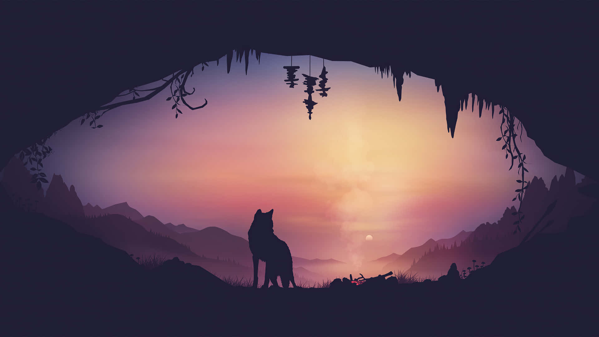 Wolf, Silhouette, Höhle, Sonnenuntergang, Illustration, 16:9, Full-HD-Hintergrundbild für den Desktop