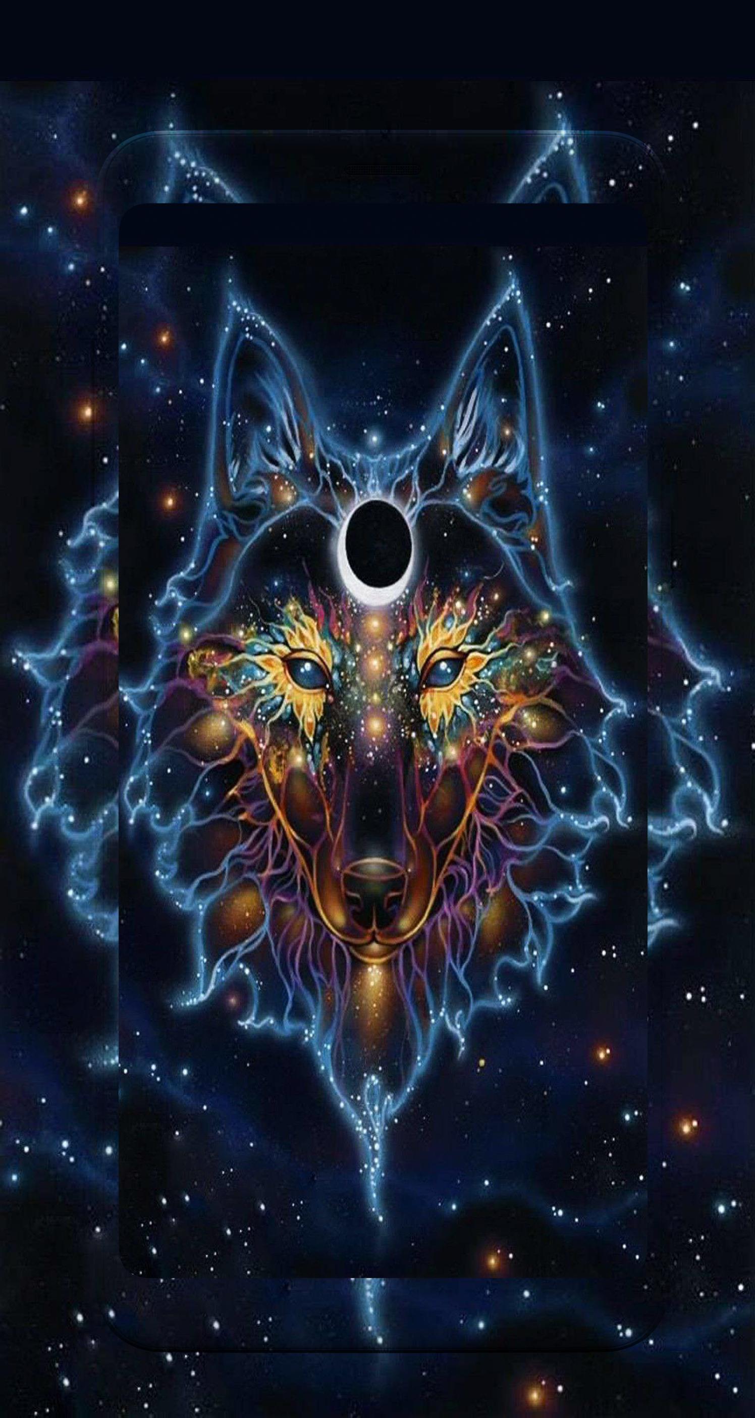 Wolf, Symmetrie, Fantasy, Leuchtende Linien, Dunkelblau, QHD+, Handy-Hintergrund