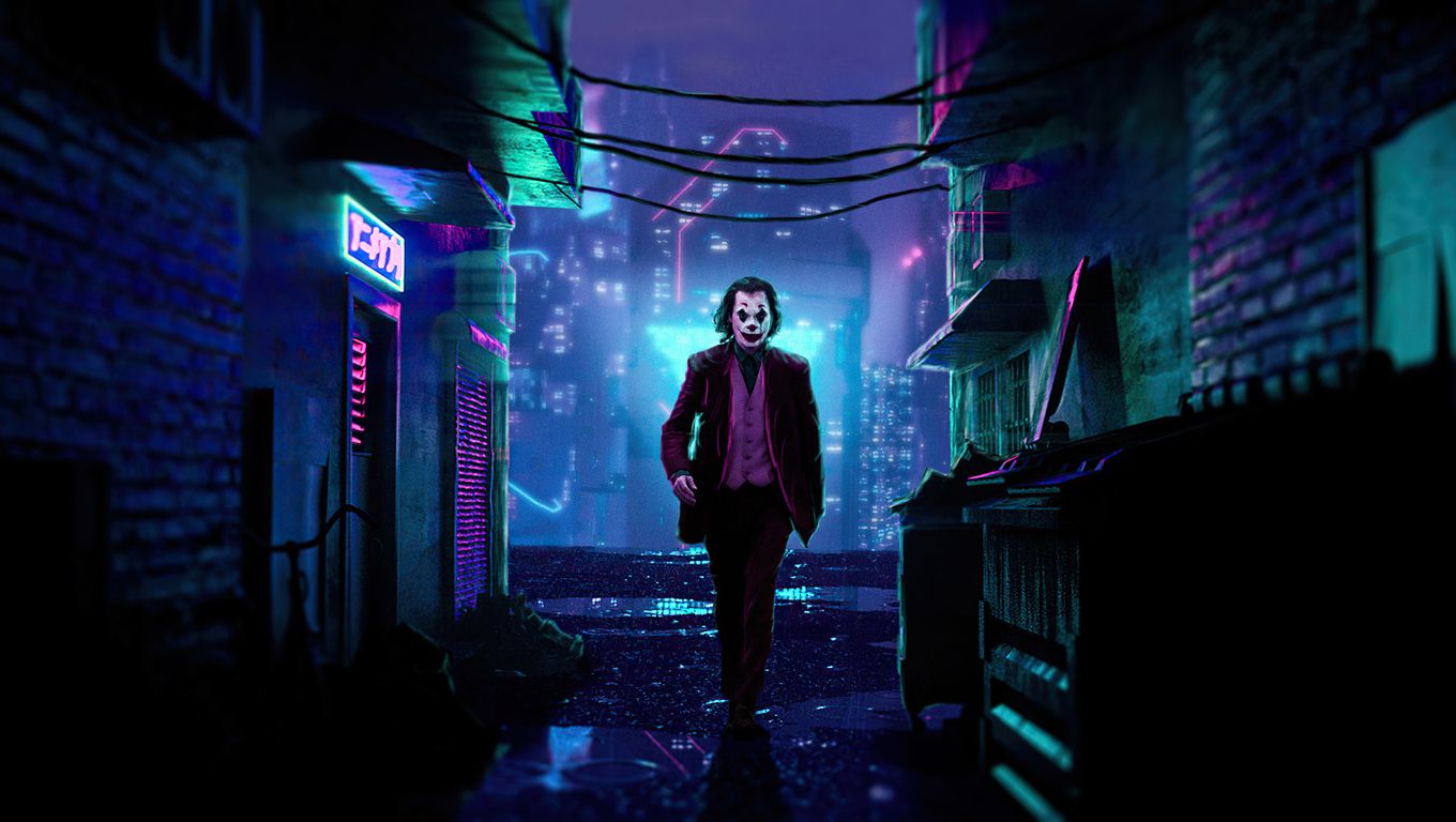 Joker, Joaquin Phoenix, Gasse, Neonlicht, Nacht, Cyberpunk, HD-Hintergrundbild für PC