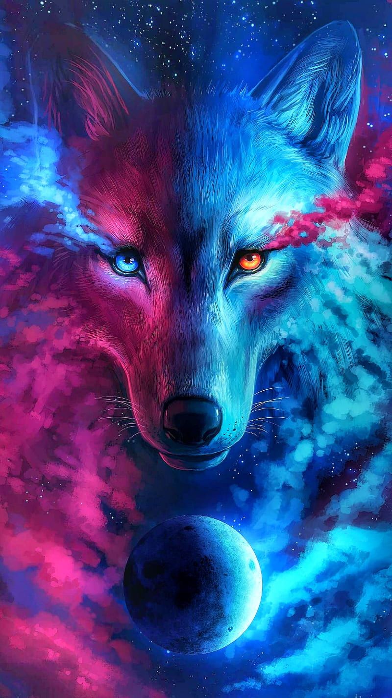 Wolf, Neonfarben, Pink und Blau, Fantasy, Planet, HD, Sperrbildschirm fürs iPhone