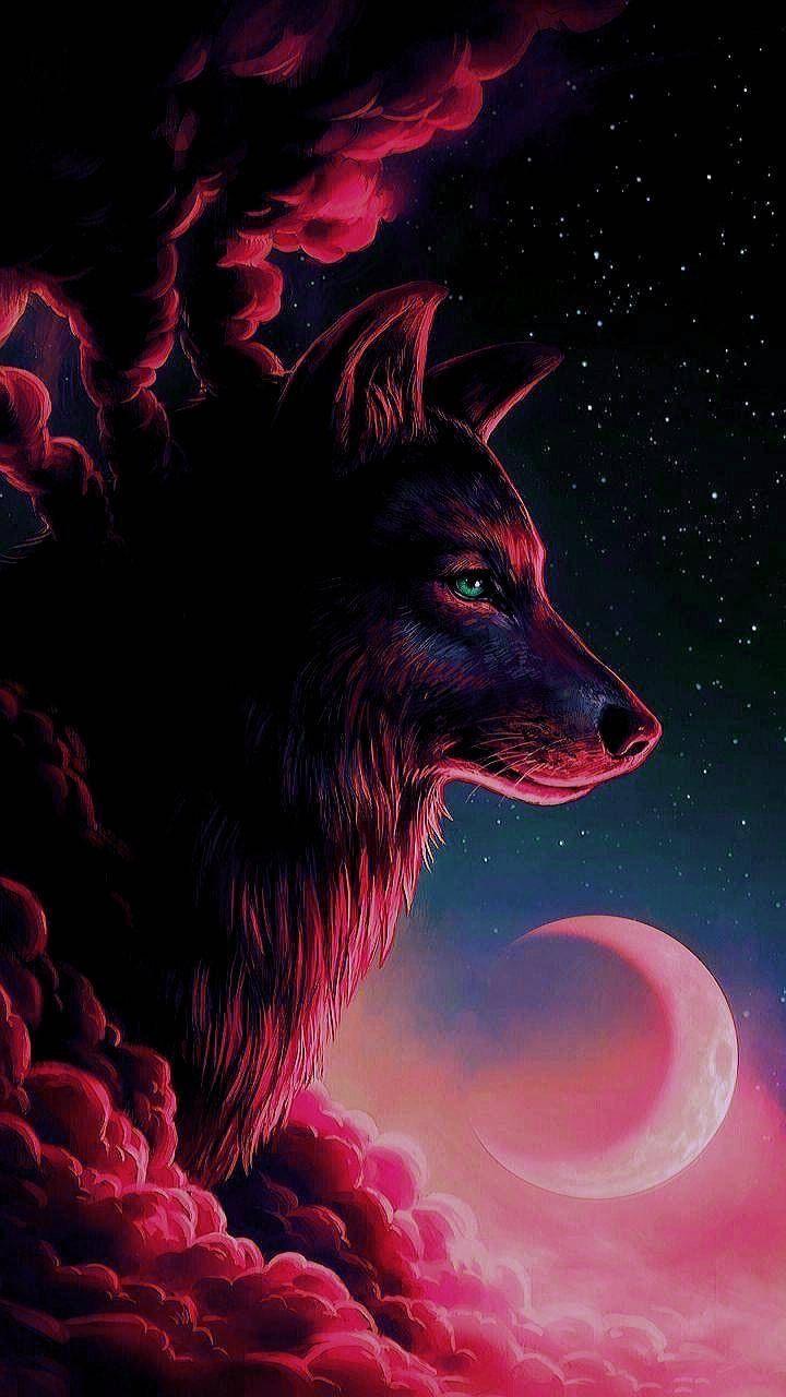 Wolf, Mondsichel, Rote Wolken, Profil, Dunkel, HD, Hintergrundbild fürs Handy