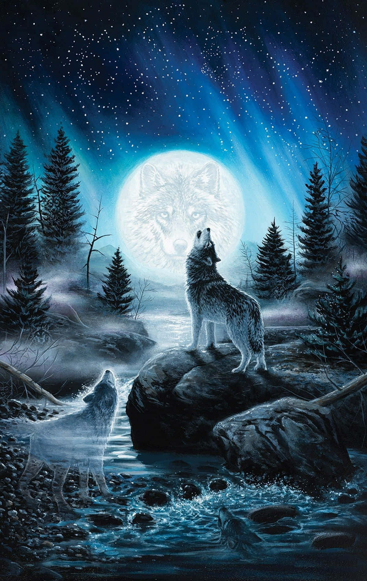 Heulender Wolf, Vollmond, Polarlicht, Fluss, Fantasy, Full HD, Handy-Hintergrund im Hochformat