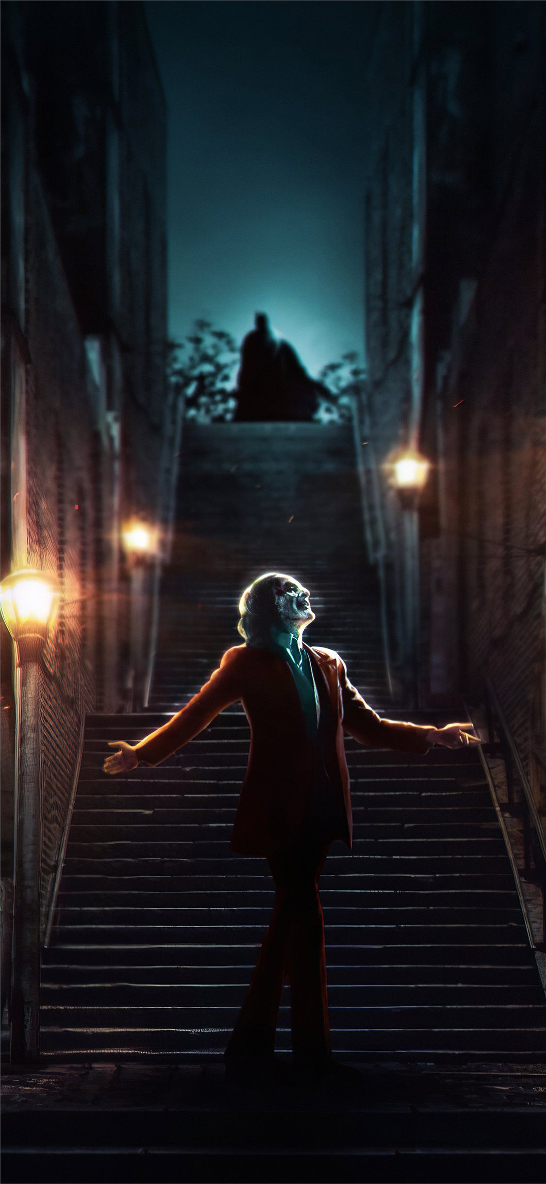 Joker, Joaquin Phoenix, Joker-Treppe, Nacht, Dunkel, Hochformat, Hintergrundbild fürs Smartphone