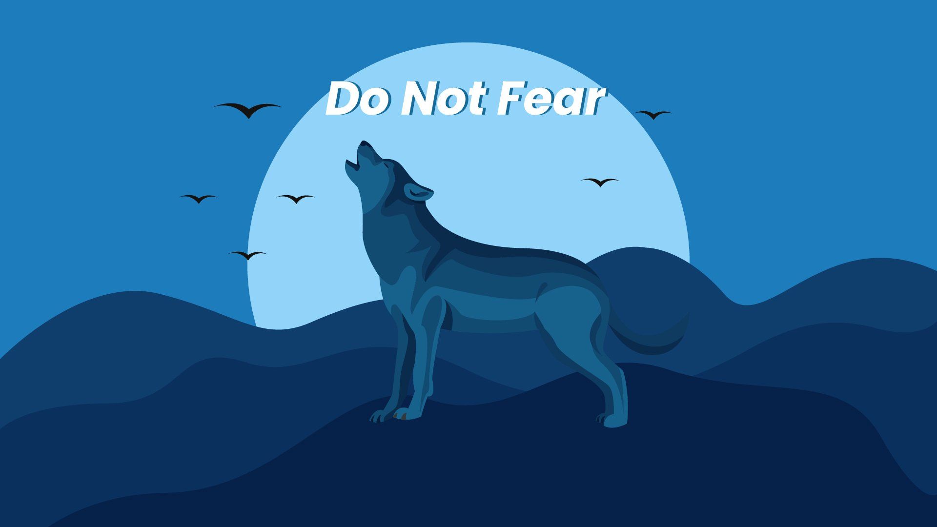 Do Not Fear, Heulender Wolf, Mond, Vögel, Illustration, Blau, Full HD, Desktop-Hintergrund