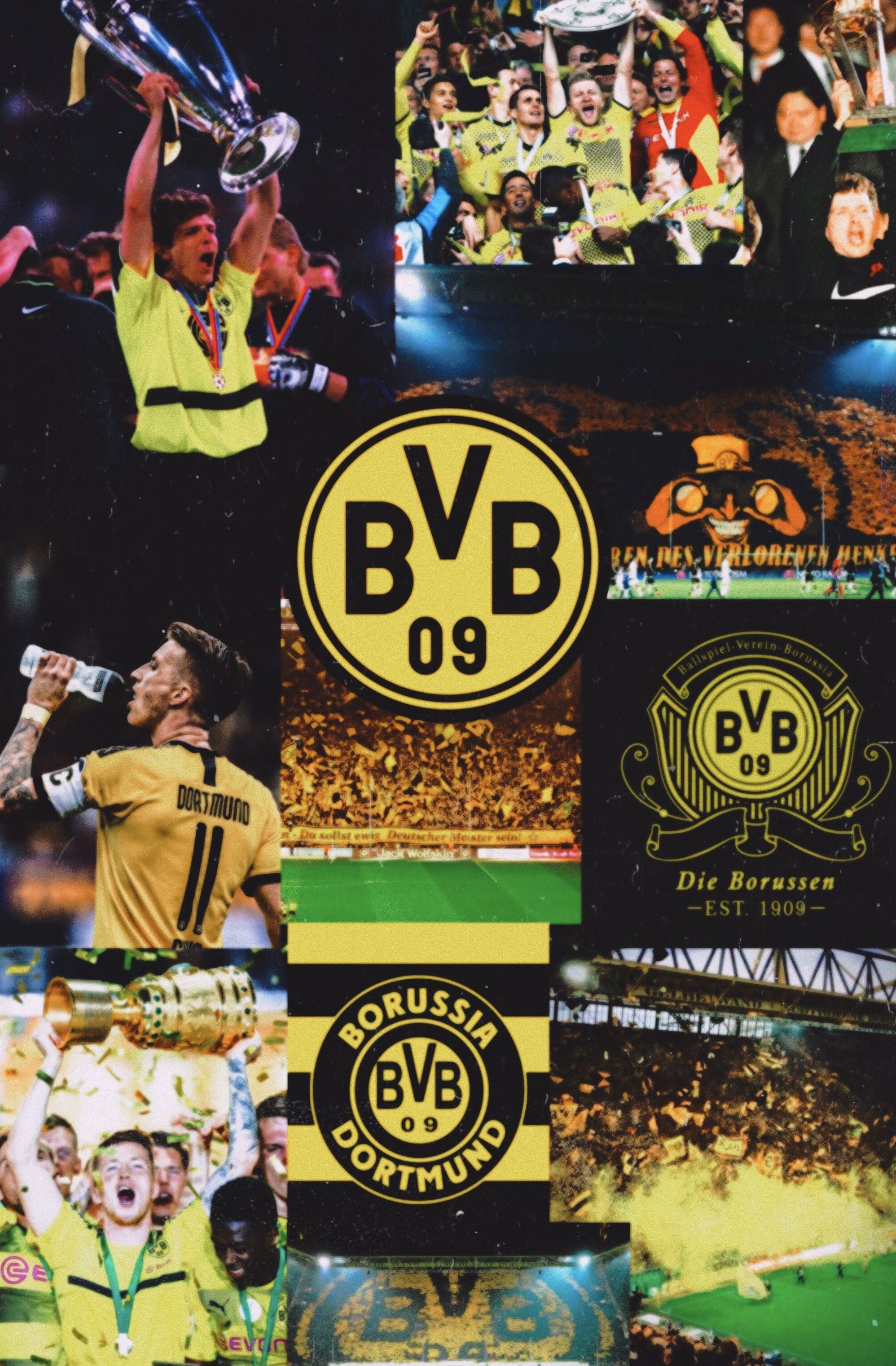 Borussia Dortmund, BVB-Logo, Collage, Fans, Pokal, Hochformat, Hintergrundbild fürs Smartphone