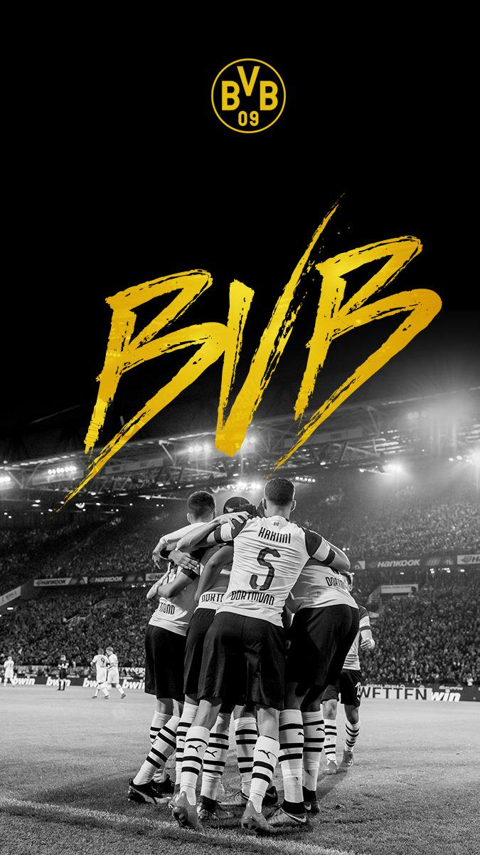 BVB, Borussia Dortmund, Schriftzug, Mannschaft, Jubel, Schwarzweiß, Hintergrundbild fürs Handy