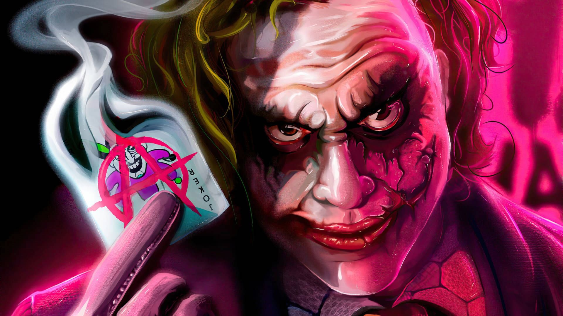 Joker, Heath Ledger, Digitale Kunst, Spielkarte, Pink, Rauch, Full HD, Laptop-Hintergrundbild
