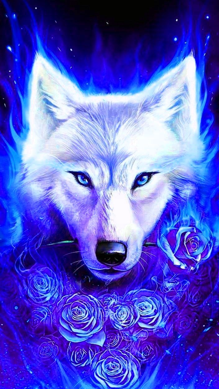 Weißer Wolf, Rosen, Blaue Flammen, Fantasy, Neonblau, Hochformat, Hintergrundbild fürs Smartphone