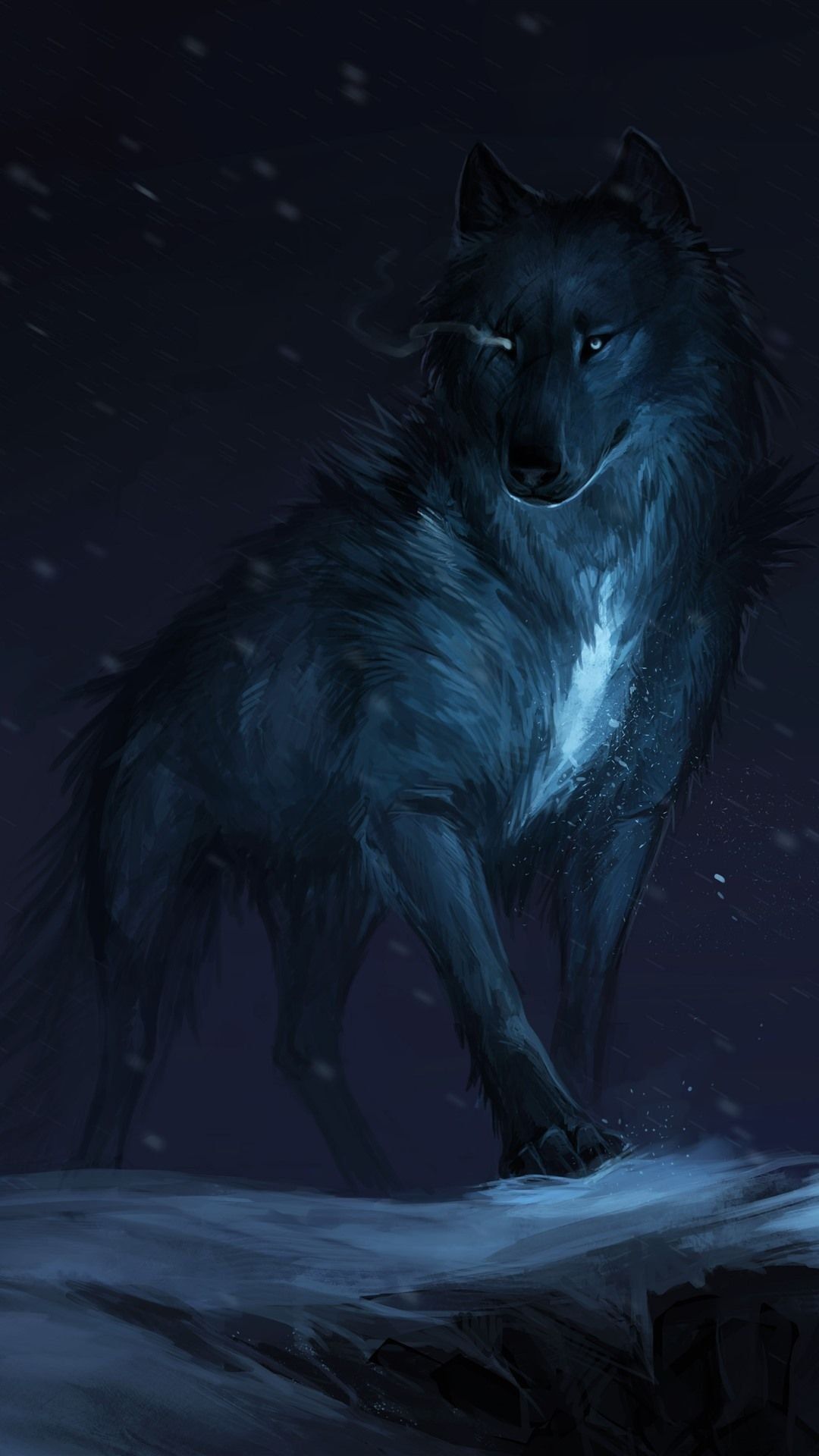 Wolf, Dunkel, Nacht, Felsen, Blaue Töne, Full HD, Handy-Hintergrund im Hochformat