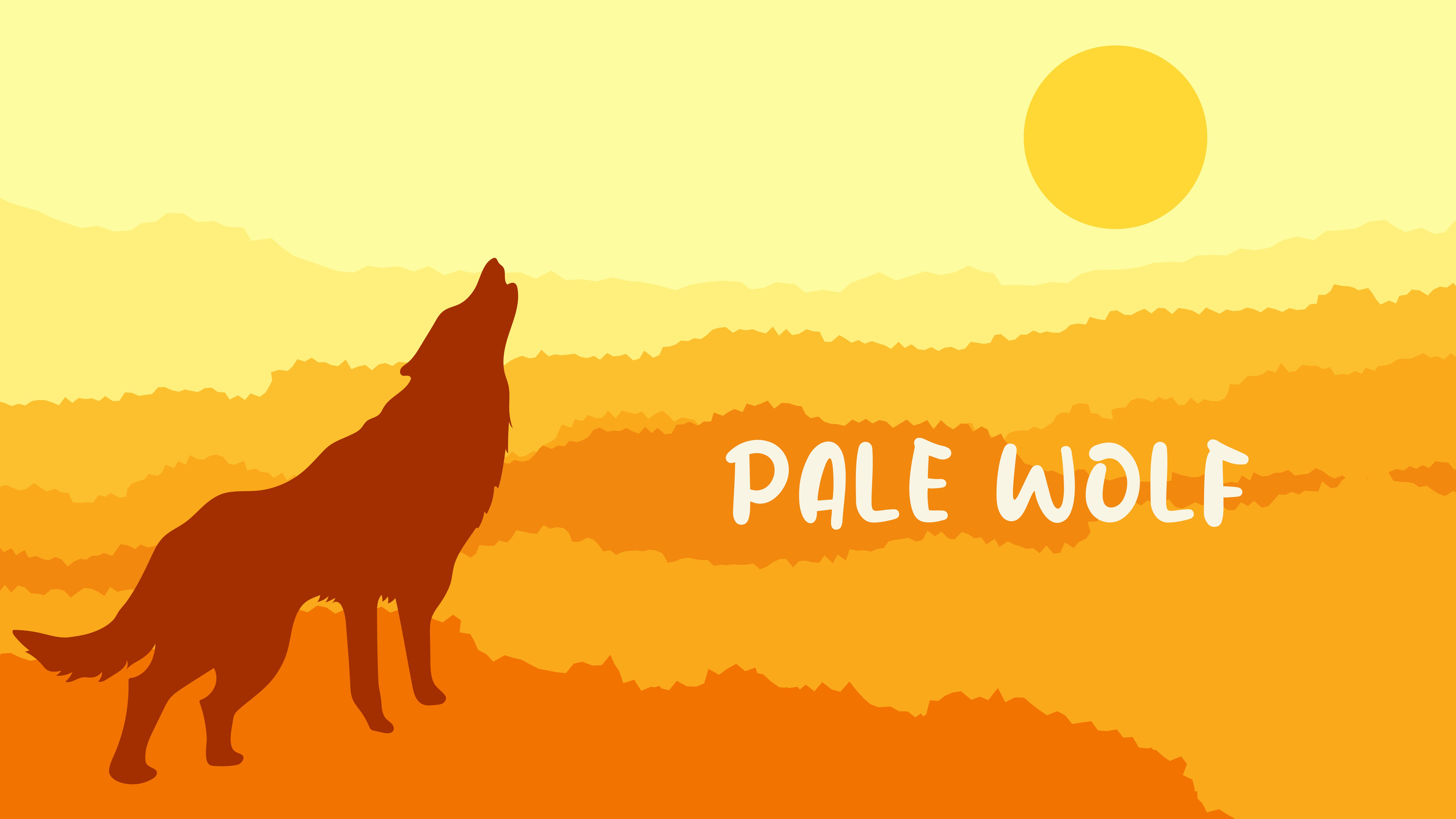 Pale Wolf, Heulender Wolf, Silhouette, Sonne, Illustration, Orange und Gelb, 8K-Hintergrundbild