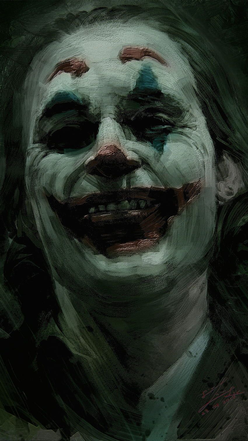 Joker, Joaquin Phoenix, Lachen, Clownsschminke, Grünstich, HD, iPhone-Hintergrundbild