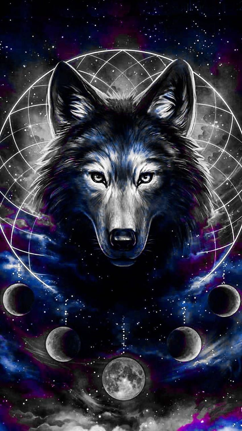 Wolf, Mondphasen, Mandala, Fantasy, Dunkelblau, HD, Hintergrundbild fürs Handy