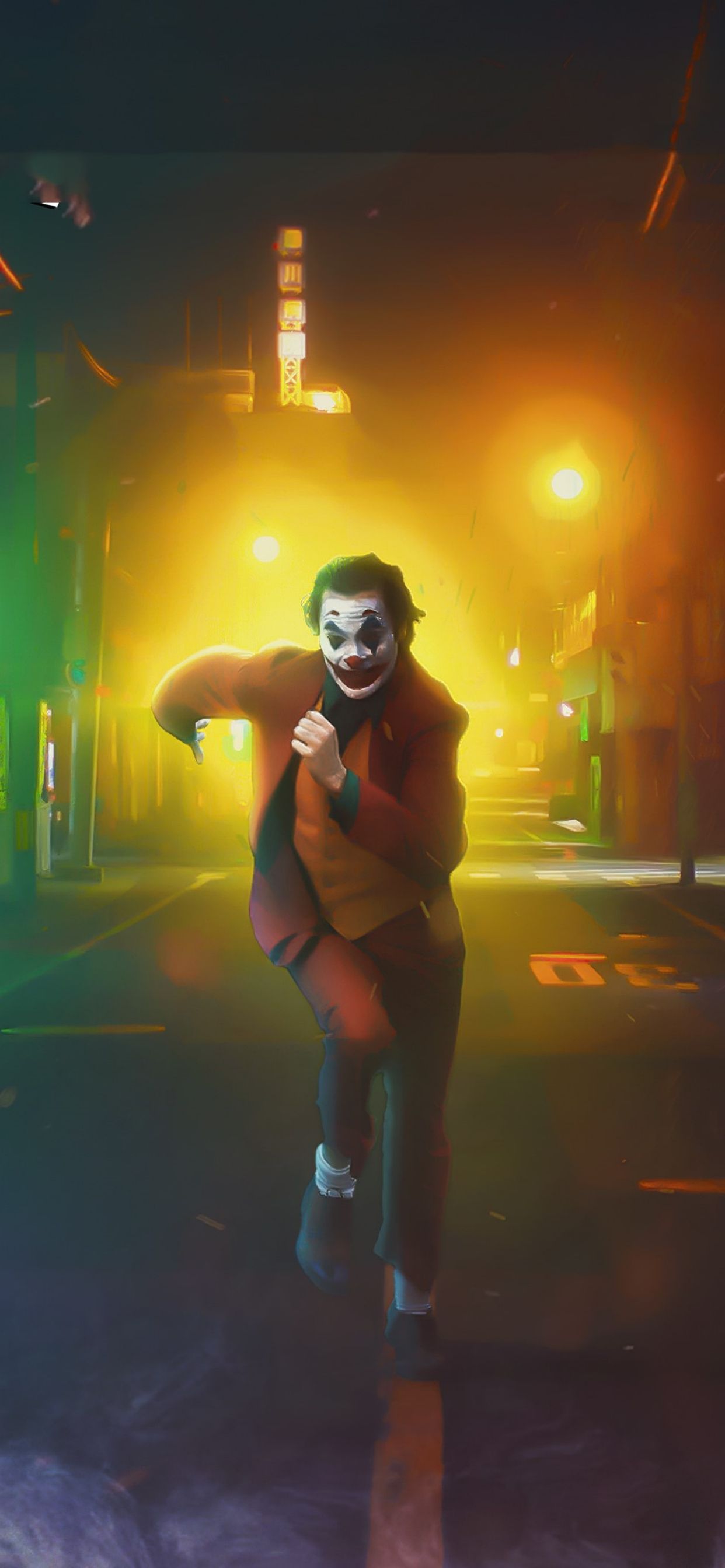 Joker, Joaquin Phoenix, Laufen, Straße, Nacht, Neonlicht, 1242x2688, Handy-Hintergrund