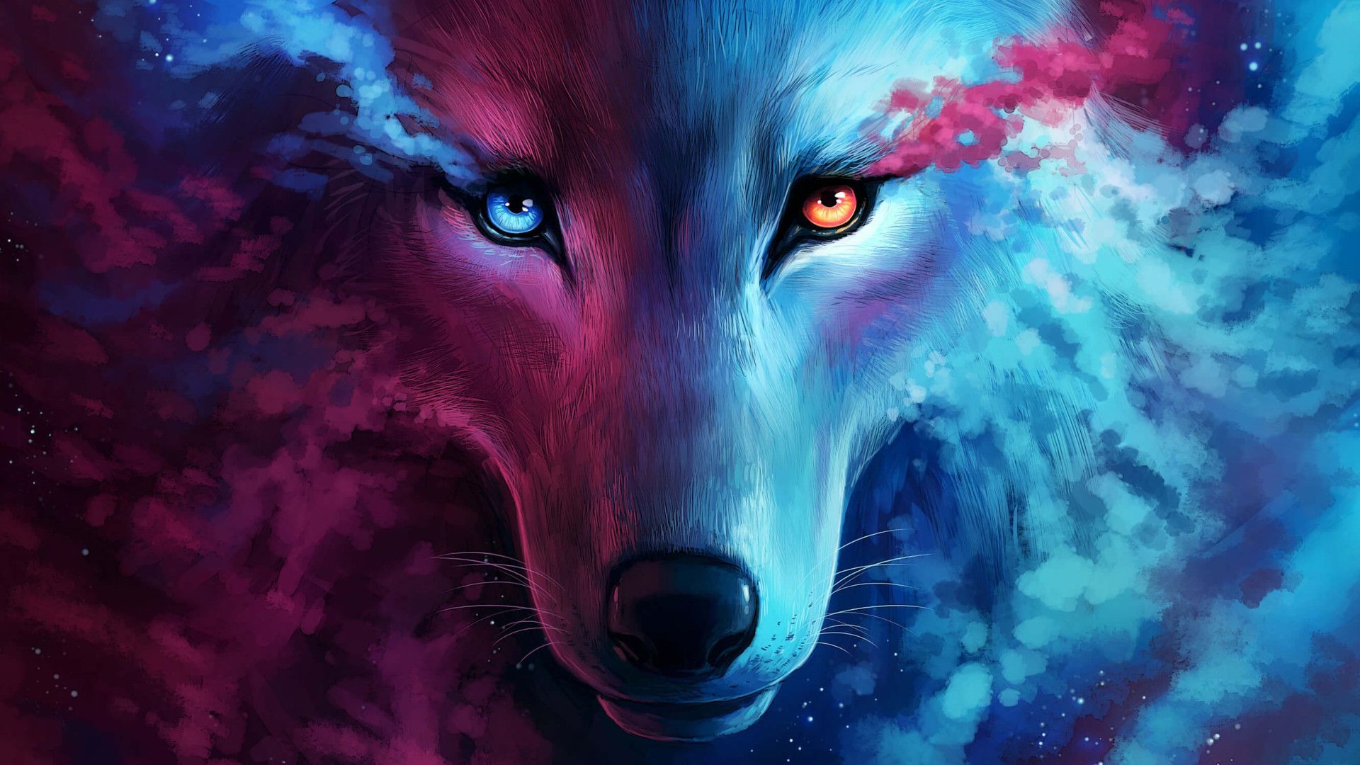 Wolf, Porträt, Blau und Pink, Fantasy, Leuchtende Augen, Full HD, PC-Hintergrundbild