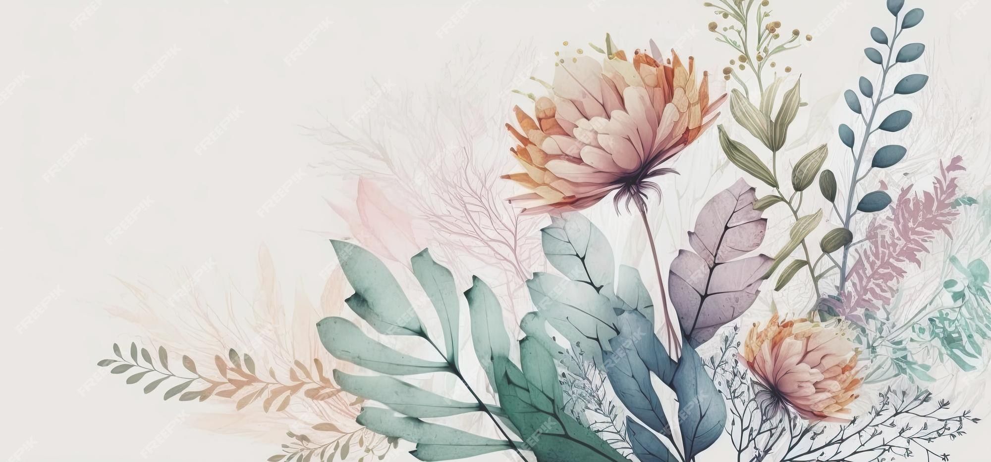 Protea, Aquarell, Eukalyptus, Blätter, Pastelltöne, Full HD, Desktop-Hintergrund für Windows