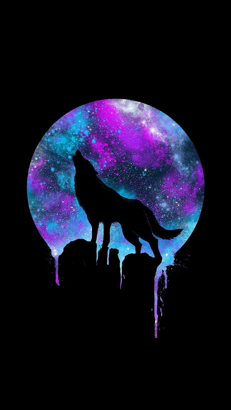 Heulender Wolf, Mond, Galaxie, Schwarzer Hintergrund, Minimalismus, Sperrbildschirm fürs iPhone