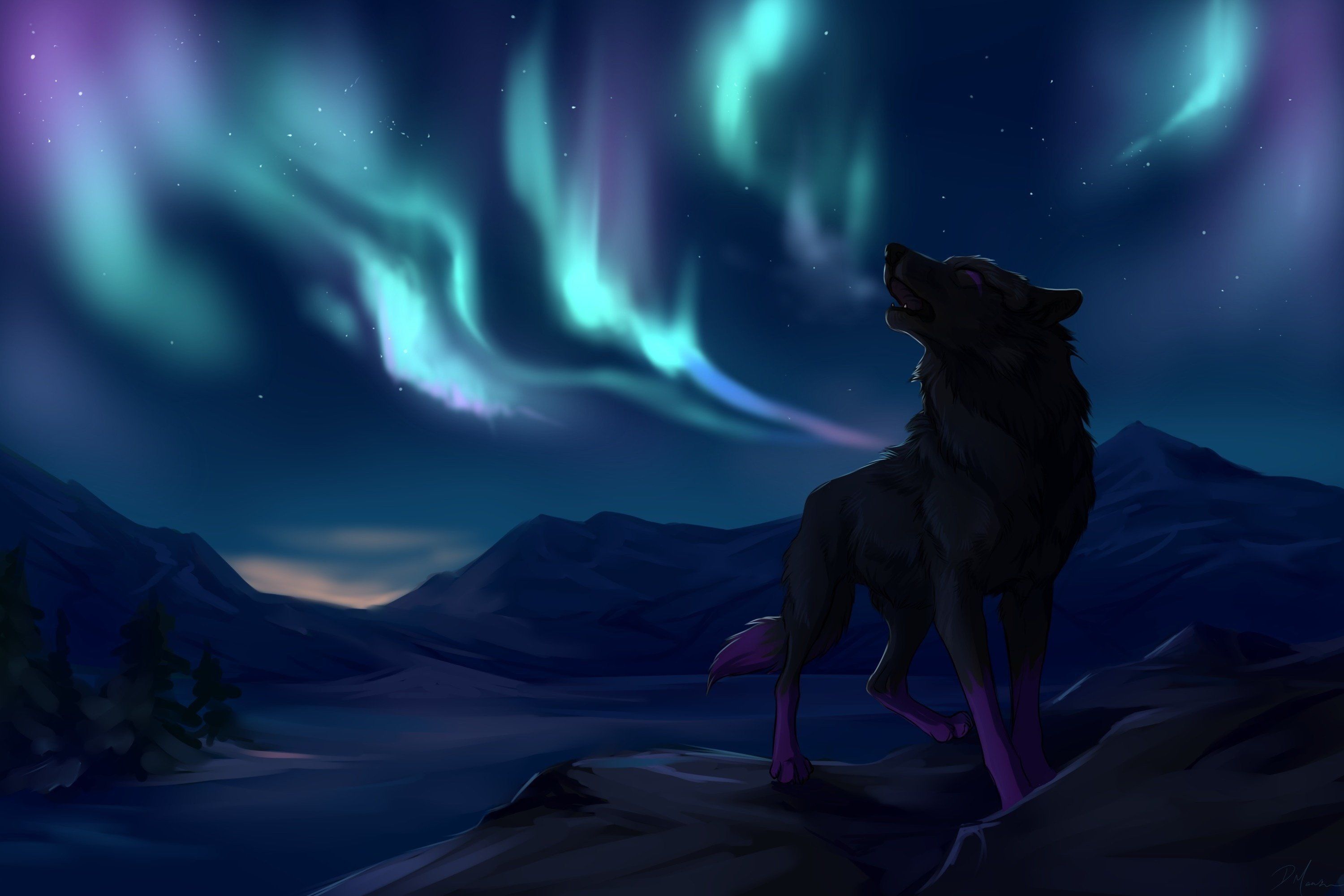 Wolf, Polarlicht, Berge, Nacht, Digitale Kunst, 2K, Hintergrund für den Desktop