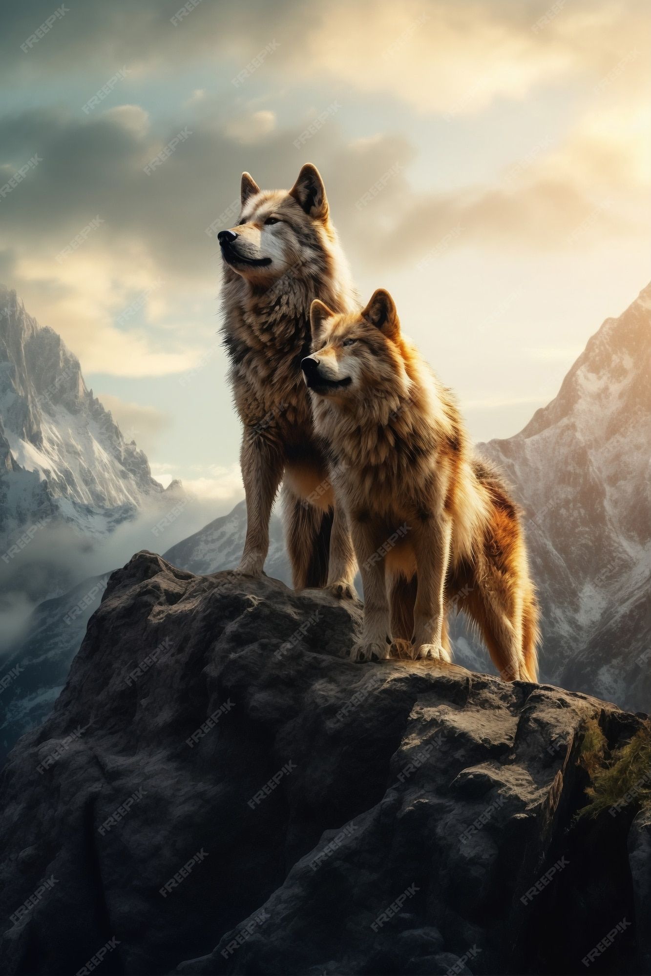 Zwei Wölfe, Felsen, Berge, Wolkenhimmel, Digitale Kunst, Full HD, Handy-Hintergrund