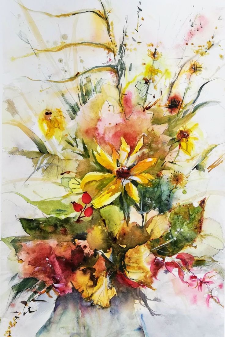 Blumenstrauß, Aquarell, Gelbe Blumen, Vase, Expressiv, HD, Hintergrundbild fürs Tablet