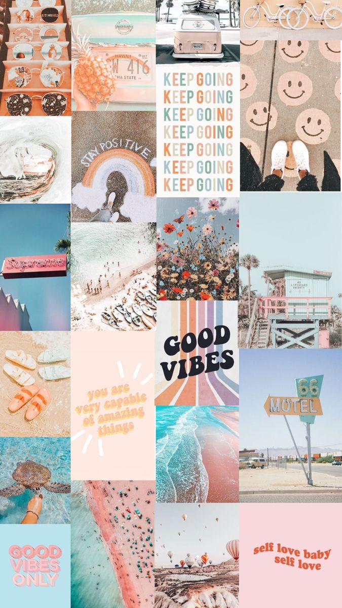Collage, Good Vibes, Moodboard, Sommer, Pastell, Retro, Hintergrundbild für iPhone und Android
