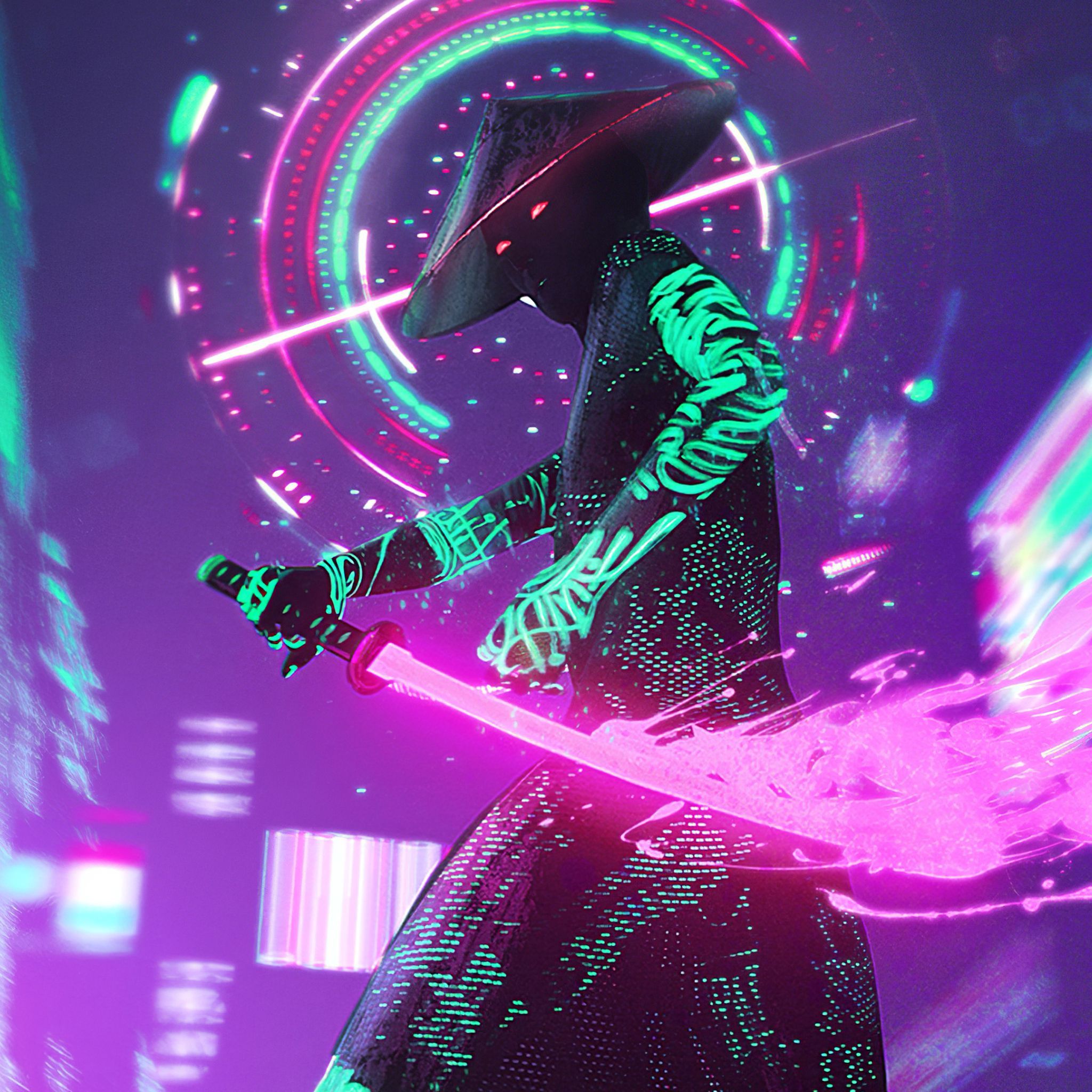 Samurai, Katana, Cyberpunk, Hologramm, Lila, Full HD, iPad-Hintergrundbild