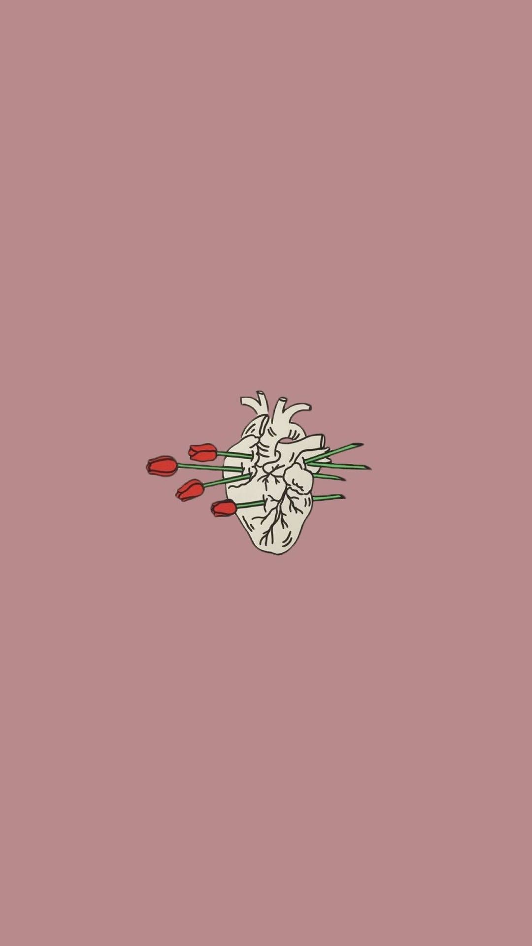 Anatomisches Herz, Blumen, Altrosa, Minimalistisch, Illustration, Full HD, iPhone-Hintergrundbild