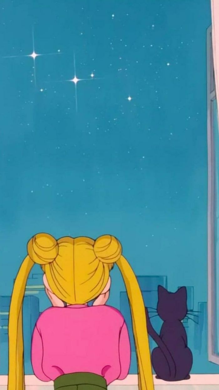 Sailor Moon, Bunny Tsukino, Luna, Anime, Rückenansicht, Sternenhimmel, Türkis, Hochformat-Hintergrundbild