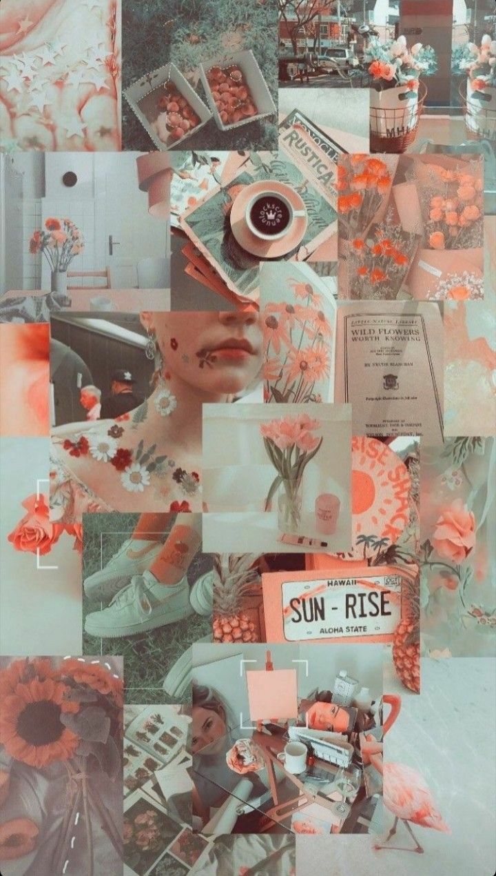 Collage, Pfirsich-Ästhetik, Blumen, Kamera, Mintgrün, Moodboard, Sperrbildschirm fürs iPhone